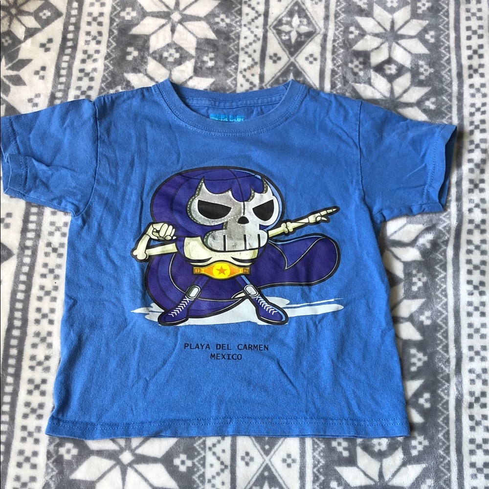 Blue Short-Sleeve Graphic Tee with Purple Accents